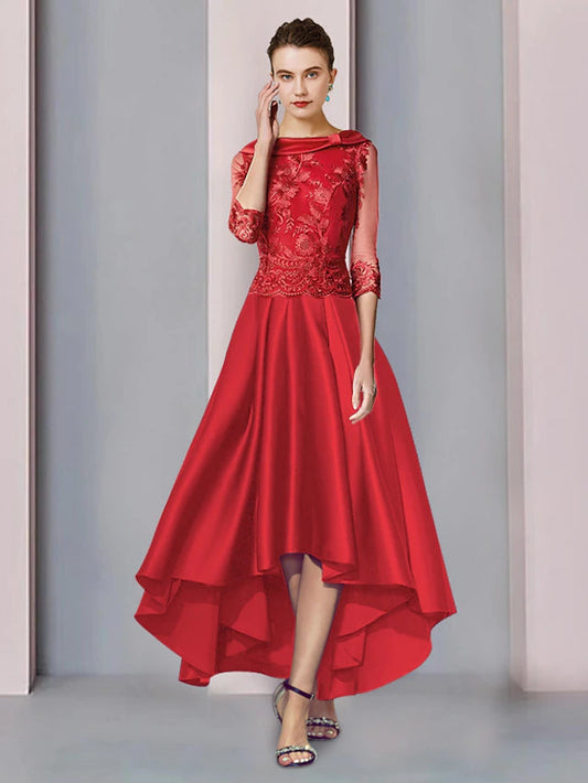 A-Line Mother of the Bride Dress Formal Wedding Guest Elegant High Low Scoop Neck Asymmetrical Tea Length Satin Lace 3/4 Length Sleeve with Appliques