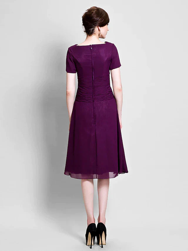 DingjiA-Line Mother of the Bride Dress Cowl Neck Tea Length Chiffon Short Sleeve with Ruched Side Draping