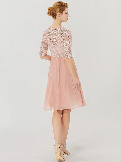 Ball Gown Mother of the Bride Dress Formal Classic & Timeless Elegant & Luxurious Convertible Dress Illusion Neck Knee Length Chiffon Floral Lace 3/4 Length Sleeve with Crystal