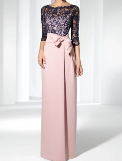 Sheath / Column Mother of the Bride Dress Wedding Guest Elegant Jewel Neck Floor Length Satin Lace 3/4 Length Sleeve with Bow(s)
