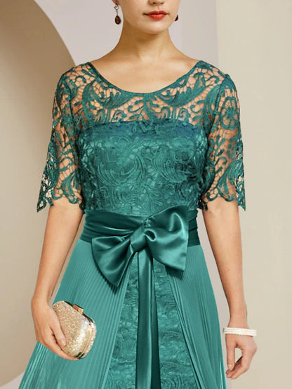 Two Piece Sheath / Column Mother of the Bride Dress Formal Wedding Guest Elegant detachable Scoop Neck Knee Length Chiffon Lace Sleeveless with Bow(s) Pleats