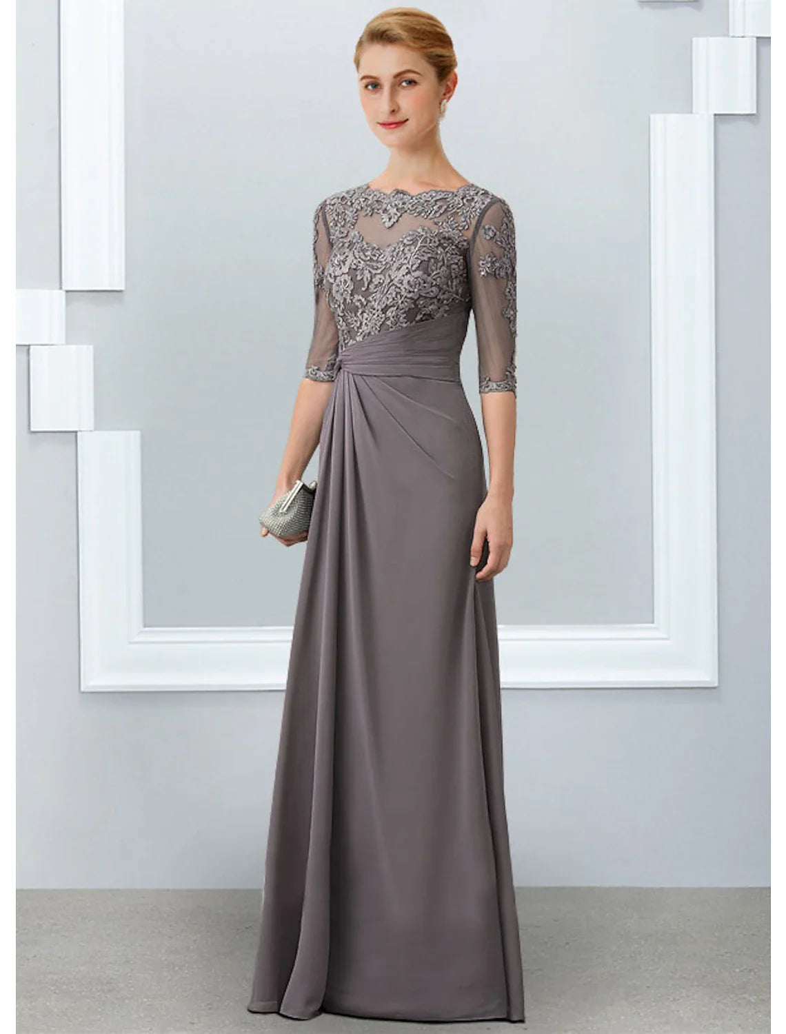 Sheath / Column Mother of the Bride Dress Elegant Jewel Neck Floor Length Chiffon Lace 3/4 Length Sleeve with Appliques