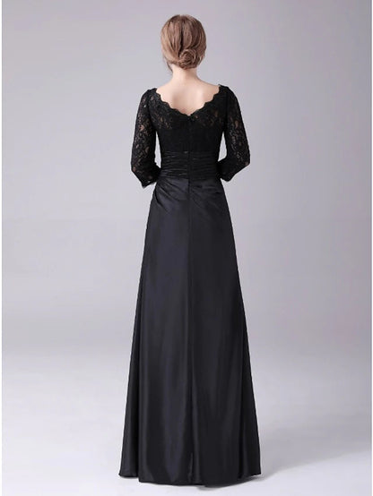 Mermaid / Trumpet Mother of the Bride Dress Plus Size Elegant Jewel Neck Floor Length Stretch Satin 3/4 Length Sleeve with Lace