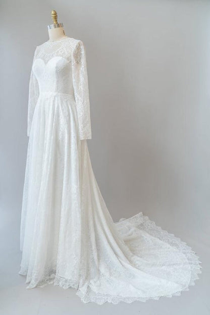 Illusion Long Sleeve Lace A-line Wedding Dress