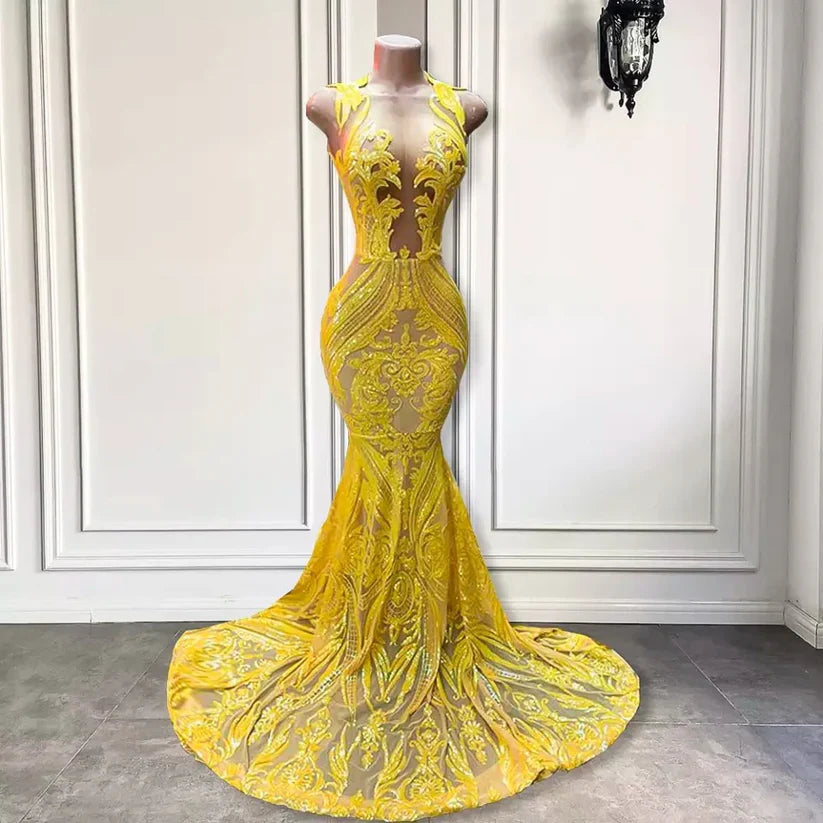 Yellow prom dresses, sheer prom dress, lace evening dress, vintage prom dresses, custom make prom dress C1465