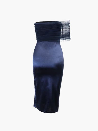 Elegant Sheath Off The Shoulder Tulle Navy Blue Slit Prom Dresses Evening Dress HZ1024