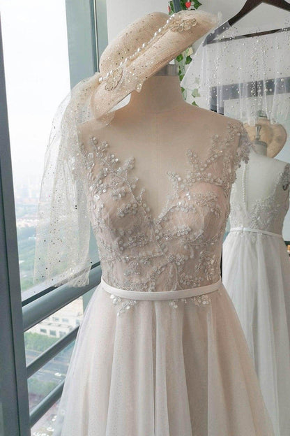 A-Line Sweep-Brush Train Lace Tulle Wedding Dress CW2739