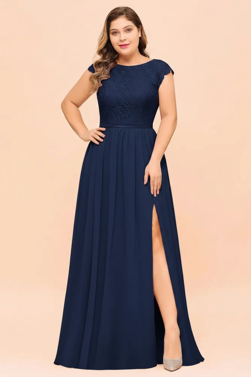 Plus Size Bridesmaid Dress Lace with Split Cap Sleeves Chiffon Wedding Guest Dress