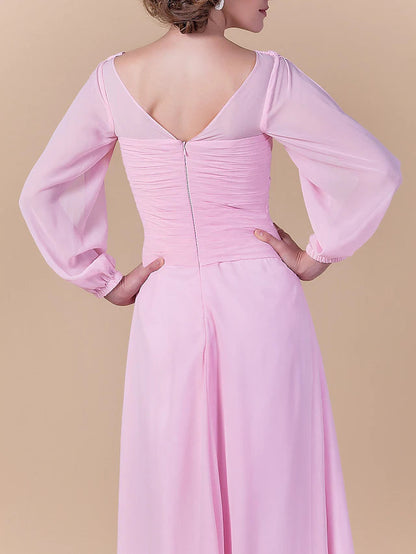 Sheath / Column Mother of the Bride Dress Vintage Inspired Cowl Neck Floor Length Chiffon Long Sleeve with Criss Cross