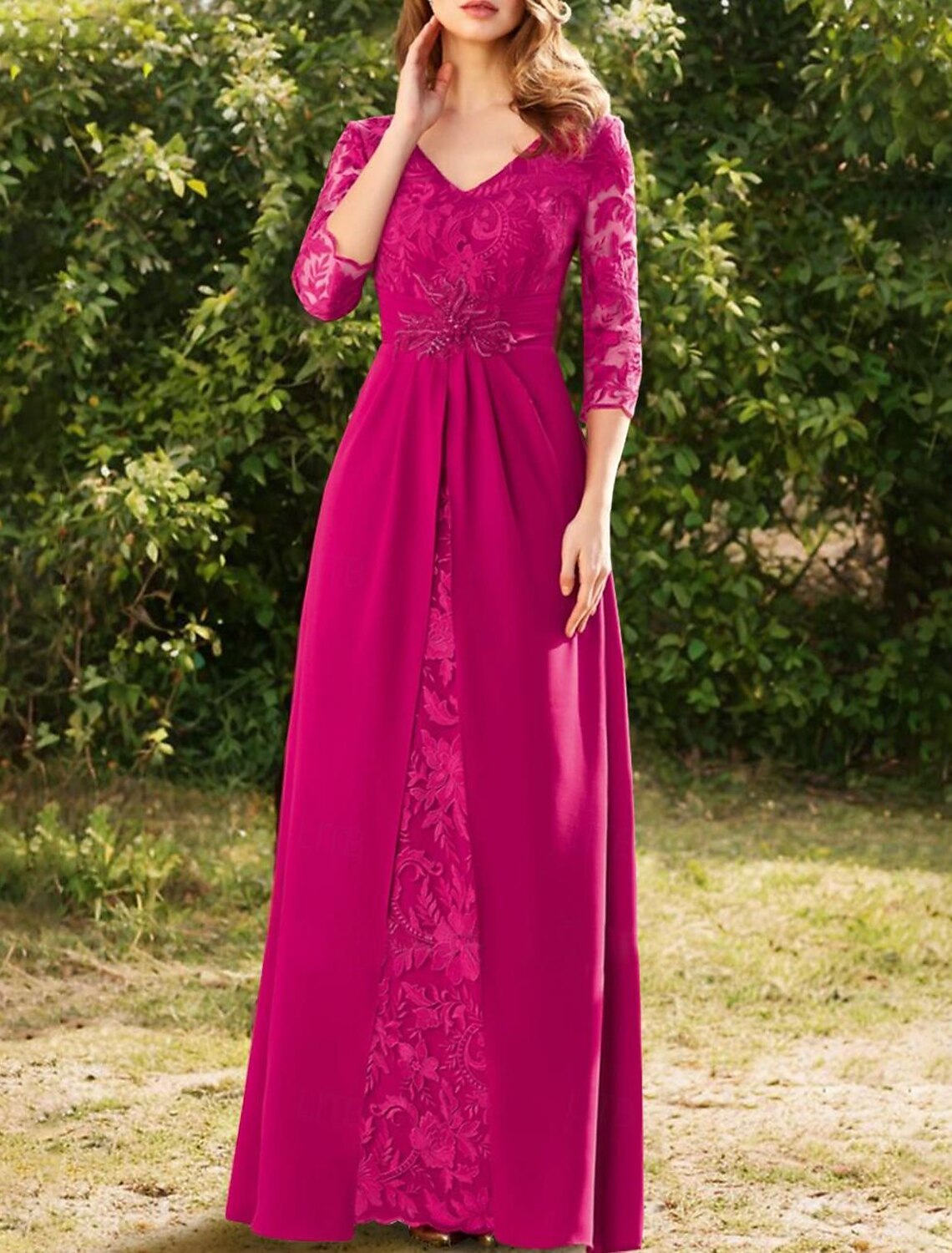 A-Line Mother of the Bride Dress Formal Wedding Guest Elegant Vintage V Neck Floor Length Lace Stretch Chiffon 3/4 Length Sleeve with Lace
