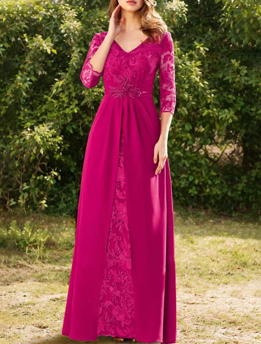 A-Line Mother of the Bride Dress Formal Wedding Guest Elegant Vintage V Neck Floor Length Lace Stretch Chiffon 3/4 Length Sleeve with Lace