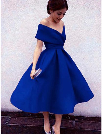 A-Line Cocktail Dresses 1950s Dress Wedding Guest Christmas Red Green Dress Tea Length Short Sleeve V Neck  Fabric V Back with Pleats