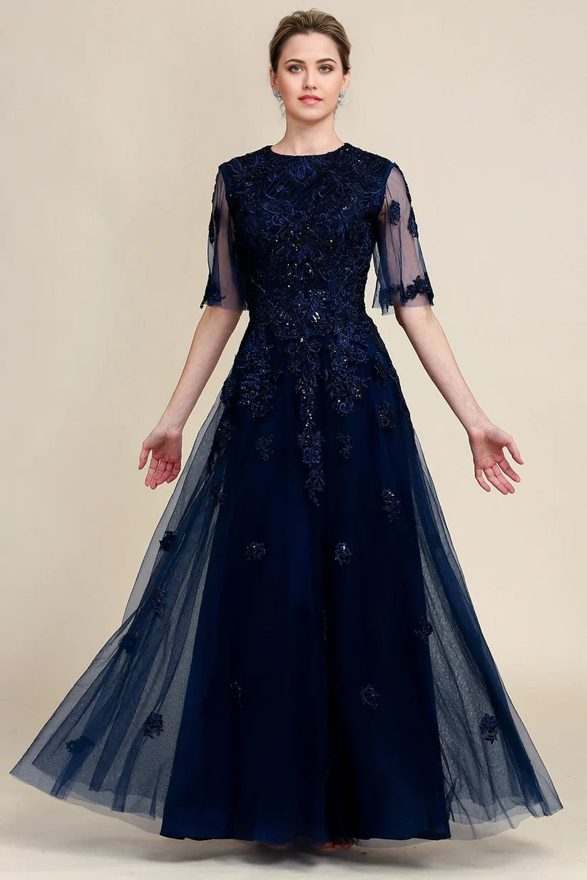 A-line Sparkly Beaded Mother of the Bride Dress with Lace