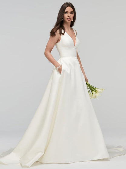 Ivory A-Line Wedding Dresses With Train Sleeveless Pockets V-Neck Backless Satin Fabric Long Bridal Gowns