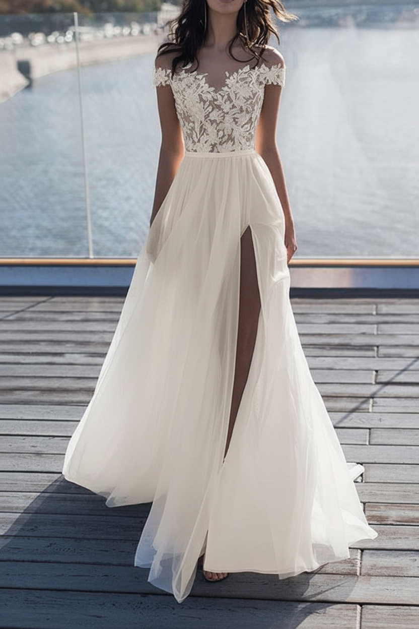 Off The Shoulder Boho Wedding Dresses Lace Short Sleeve Split Front Bridal Dress With Train