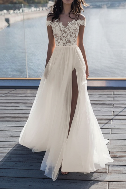 Off The Shoulder Boho Wedding Dresses Lace Short Sleeve Split Front Bridal Dress With Train