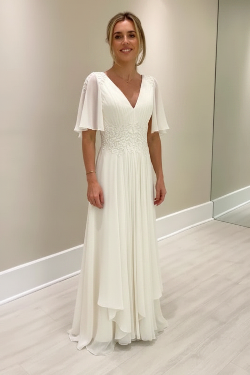 Elegant Half Sleeves V-neck Aline Wedding Guest Dress Chiffon Mother of the Bride Dress