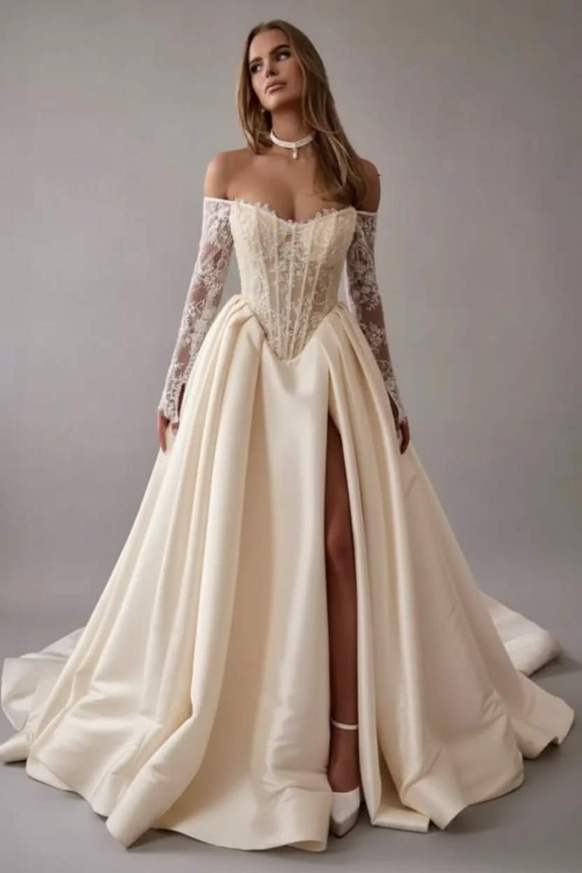 Gorgeous Off-the-Shoulder Satin Aline Wedding Dresses Front Split Long Sleeves Bridal Gown