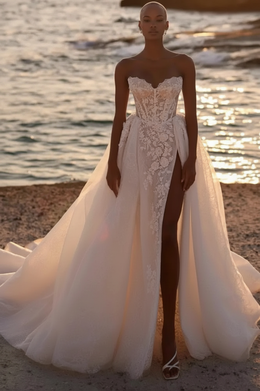 Strapless Aline Bridal Dress Lace Appliques Beach Wedding Dress with Front Split