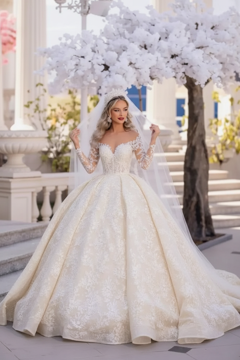 Gorgeous Tulle Aline Wedding Dress Off-the-Shoulder with Long Sleeves