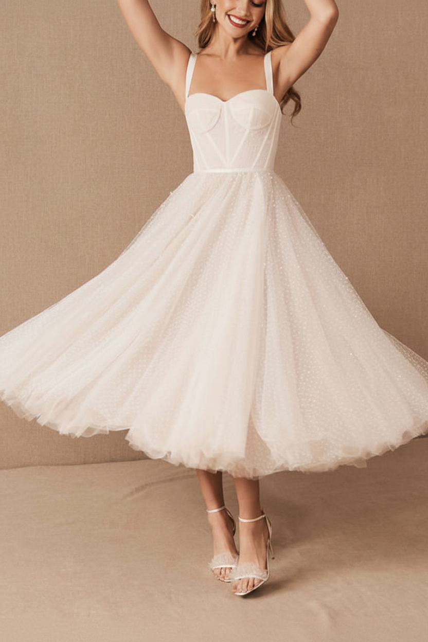 White Short Bridal Dress A-Line Sweetheart Pearls Tea Length Wedding Dress Spaghetti Straps