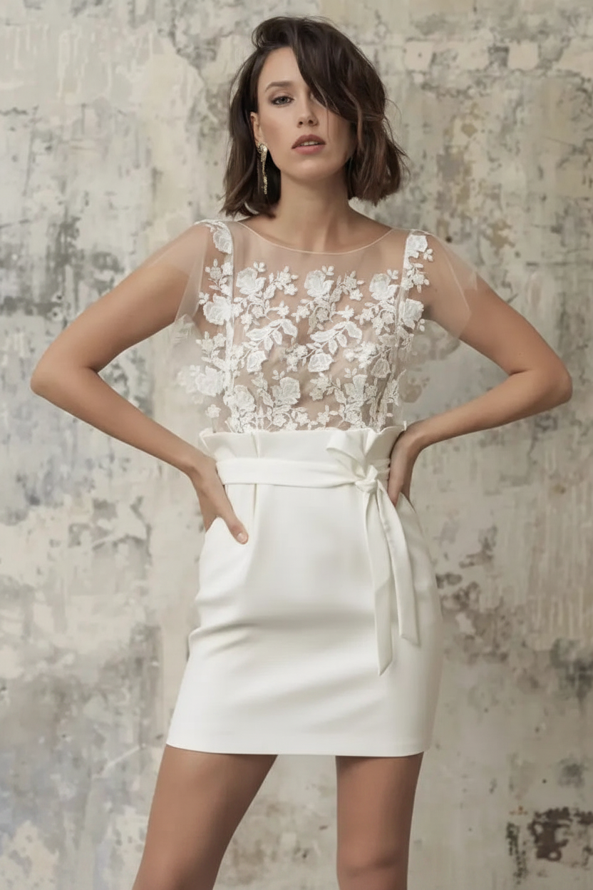 White Short Wedding Dresses Illusion Jewel Neck Short Sleeves Sheath Lace Bows Cut-Outs Ruffles Bridal Dresses