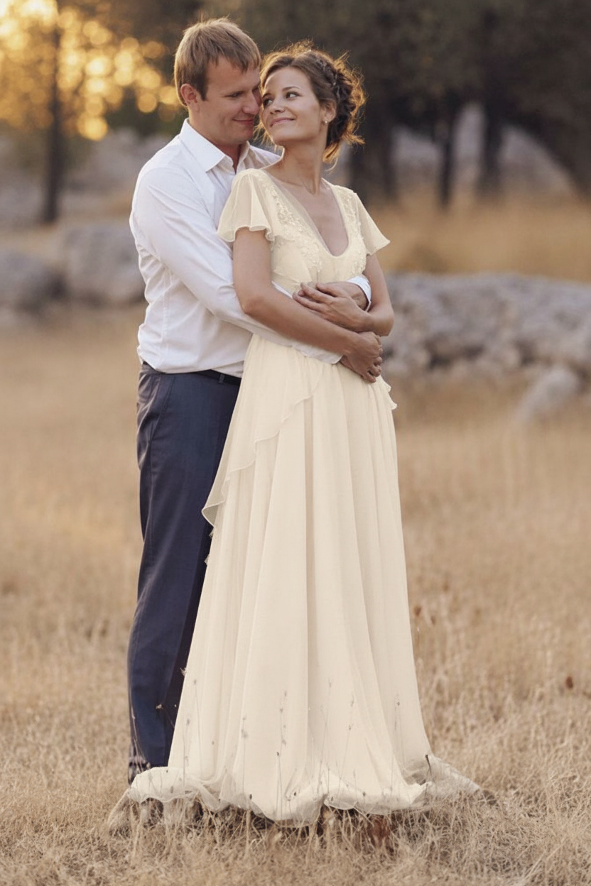 Simple Wedding Dress A Line Designed Neckline Sleeveless Applique Chiffon Bridal Gowns