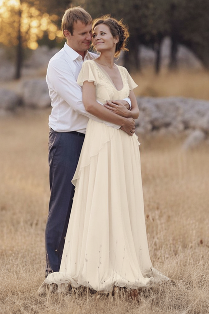 Simple Wedding Dress A Line Designed Neckline Sleeveless Applique Chiffon Bridal Gowns