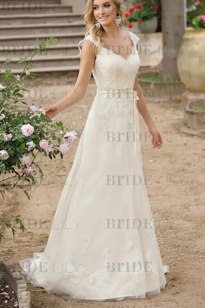 Simple Wedding Dress A Line V Neck Sleeveless Sash Bridal Gowns With Train