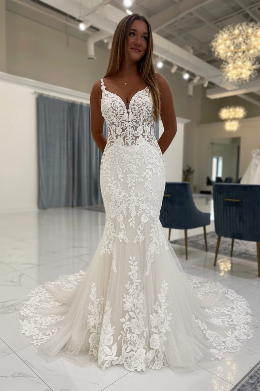 Spaghetti Straps White Mermaid Wedding Dress V-neck Tulle Lace Bridal Gown
