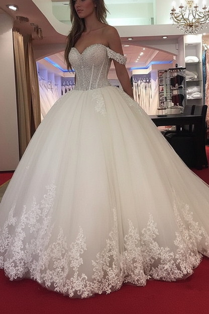 Off-the-Shoulder Princess Wedding Dress Applique Tulle Bridal Dresses Sleeveless