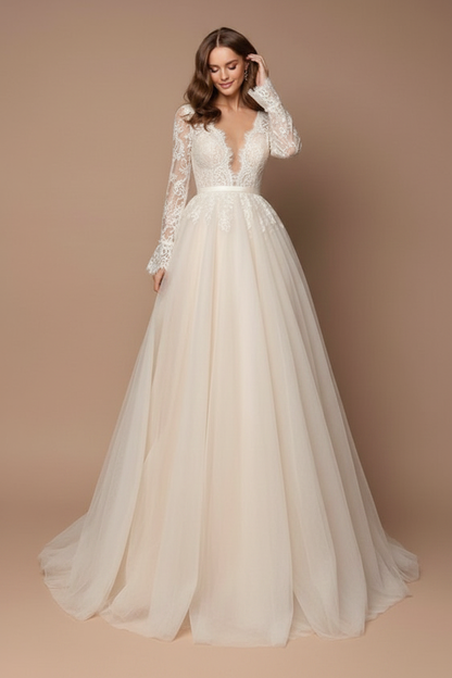 Black Wedding Dress A-Line V-Neck Long Sleeves Tulle Lace Bridal Gowns