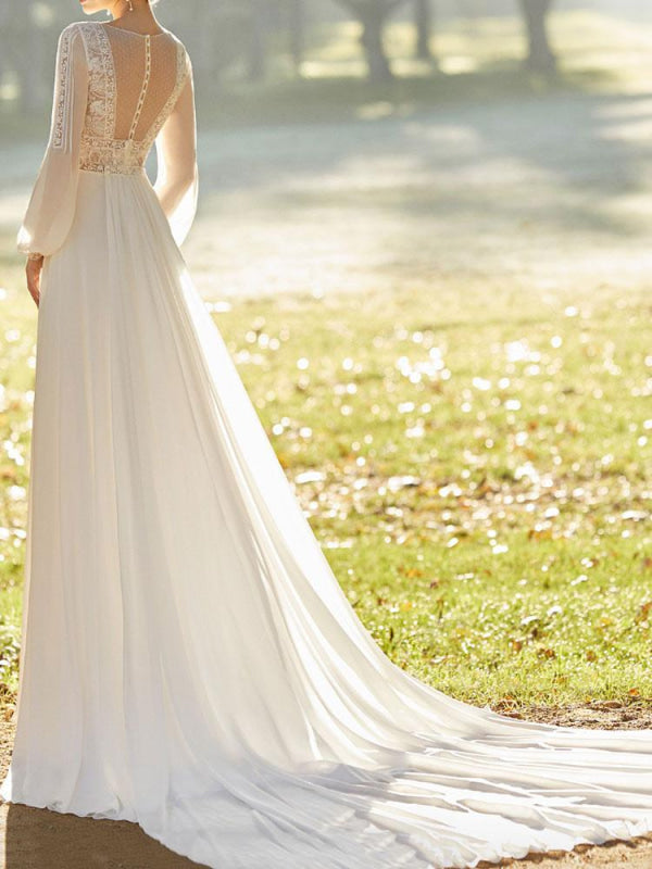 Ivory Wedding Dresses With Court Train A Line Long Sleeves Lace V Neck Bridal Gowns