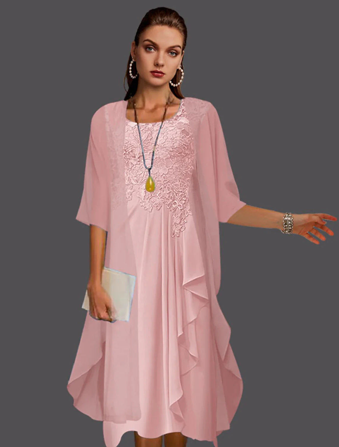 Two Piece A-Line Mother of the Bride Dress Elegant Scoop Neck Knee Length Chiffon Lace Sleeveless Jacket Dresses with Pleats Appliques