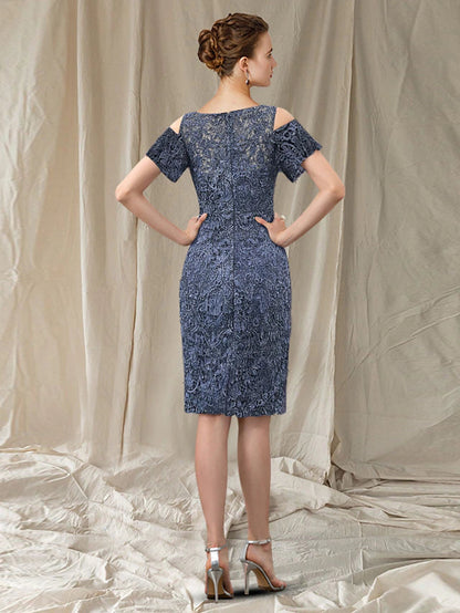 Sheath / Column Mother of the Bride Dress Elegant Jewel Neck Knee Length Chiffon Lace Short Sleeve