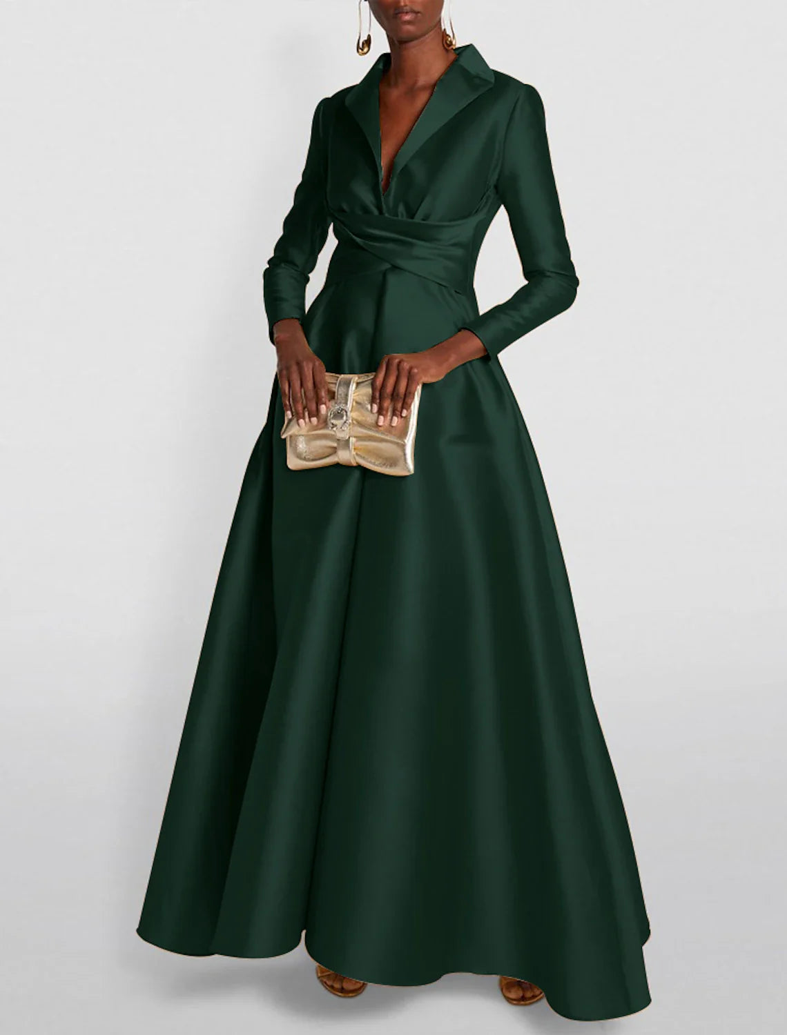 A-Line Evening Gown Elegant Christmas Red Green Dress Formal Wedding Guest Floor Length Long Sleeve Shirt Collar Satin with Ruched 2025