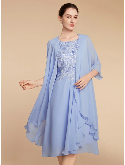Aimishang  Two Piece Sheath / Column Mother of the Bride Dress Wedding Guest Elegant Petite Scoop Neck Knee Length Chiffon Lace Half Sleeve with Ruching Solid Color