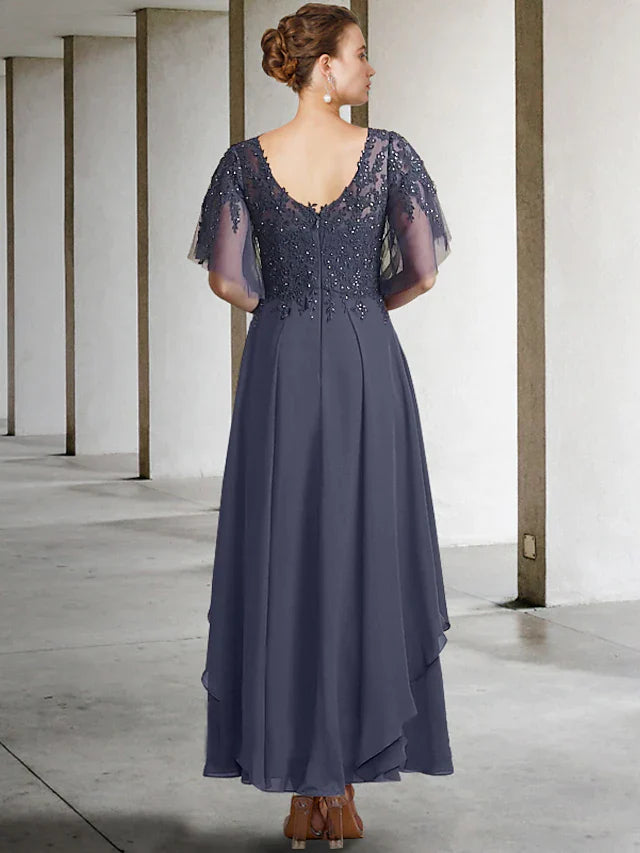 A-Line Plus Size Curve Mother of the Bride Dress Elegant V Neck Ankle Length Chiffon Lace Short Sleeve with Beading Sequin Appliques
