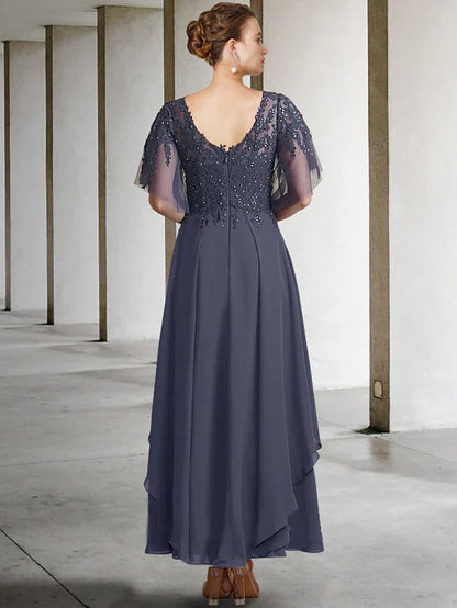 A-Line Plus Size Curve Mother of the Bride Dress Elegant V Neck Ankle Length Chiffon Lace Short Sleeve with Beading Sequin Appliques