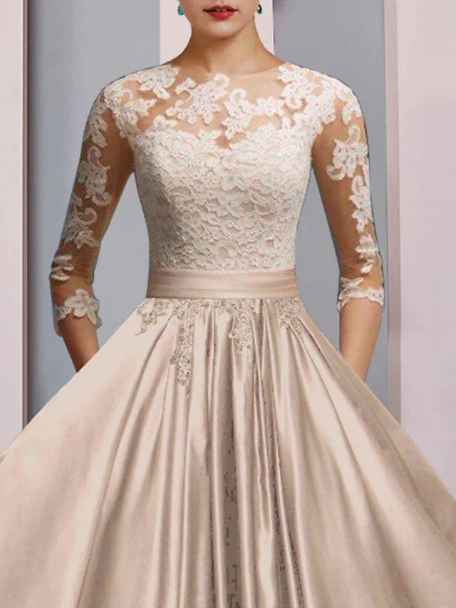 DingjiA-Line Mother of the Bride Dress Formal Wedding Guest Party Elegant Scoop Neck Ankle Length Satin Lace 3/4 Length Sleeve with Pleats Appliques