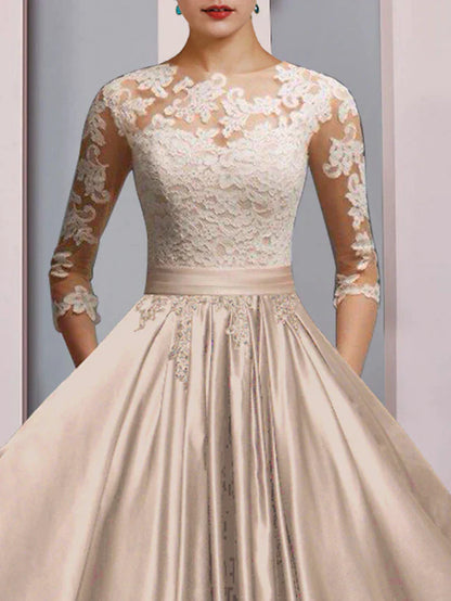 DingjiA-Line Mother of the Bride Dress Formal Wedding Guest Party Elegant Scoop Neck Ankle Length Satin Lace 3/4 Length Sleeve with Pleats Appliques