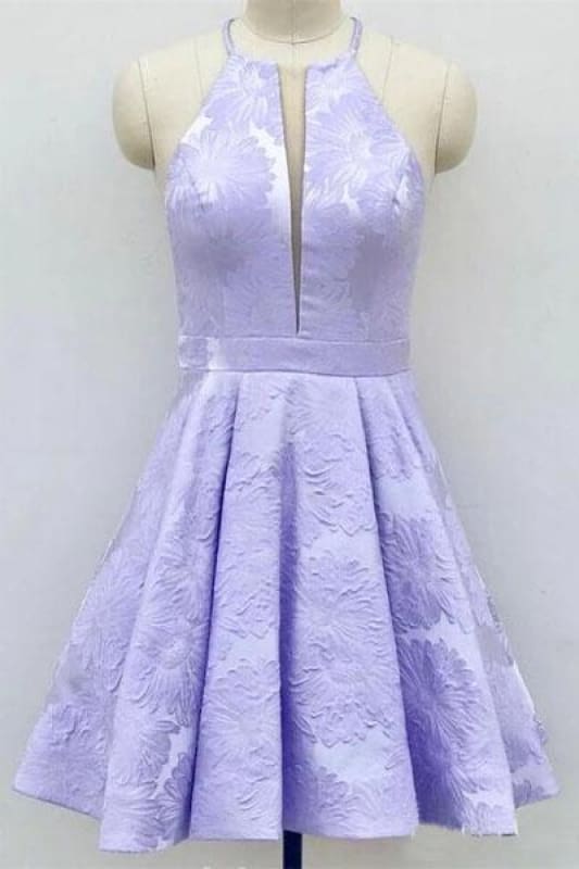 Jacquard Floral Pocketed Halter Short Prom Dress
