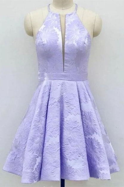 Jacquard Floral Pocketed Halter Short Prom Dress