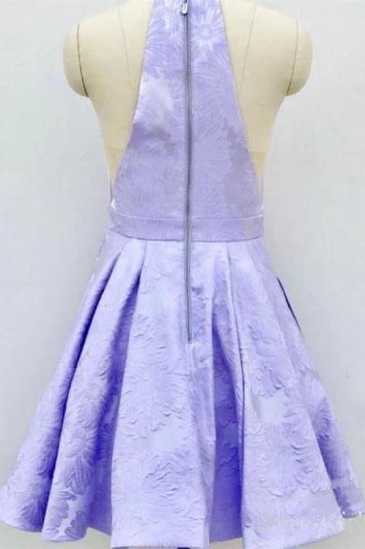 Jacquard Floral Pocketed Halter Short Prom Dress