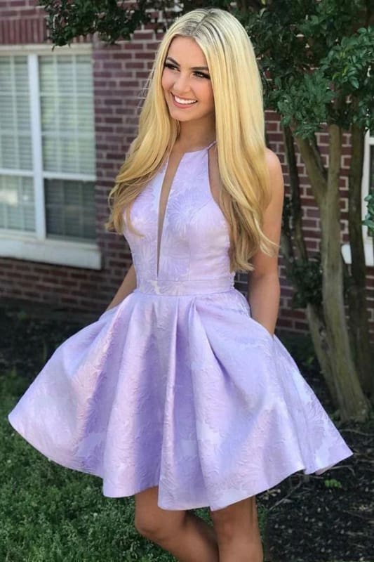 Jacquard Floral Pocketed Halter Short Prom Dress