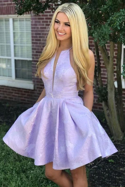 Jacquard Floral Pocketed Halter Short Prom Dress
