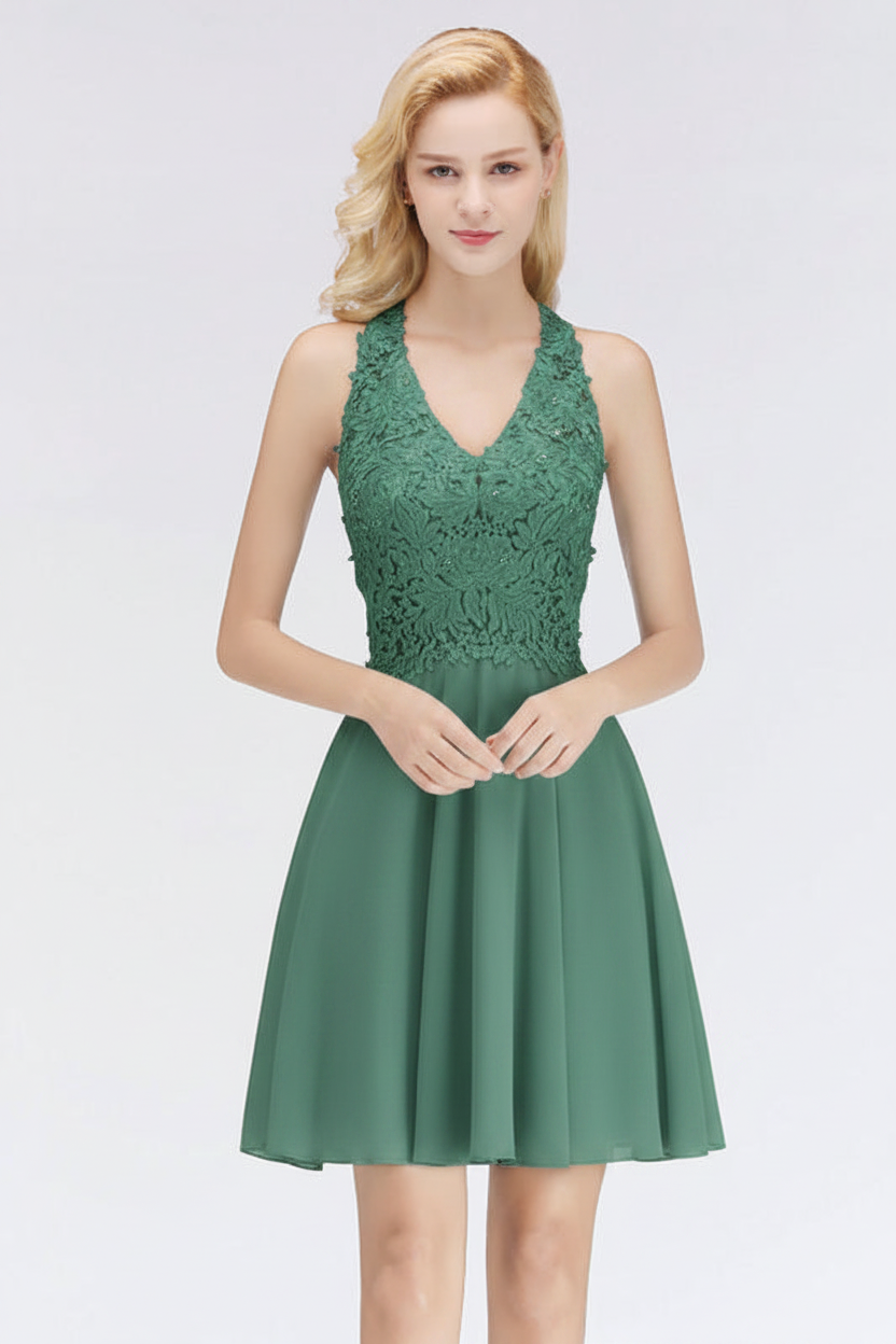V-Neck Knee Length Floral Lace Birdesmaid Dresses
