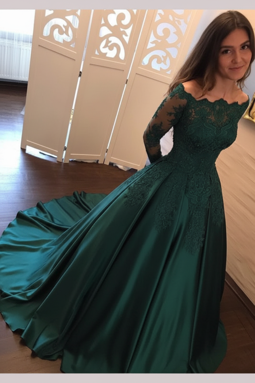 Chic Gold Off Shoulder Long Sleeve Ball Gown Appliques Satin Prom Dress