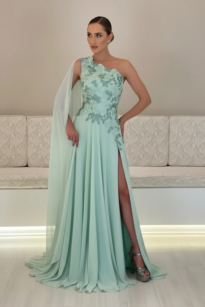 One-Shoulder Sleeveless Chiffon Evening Dresses Long with Side Slit