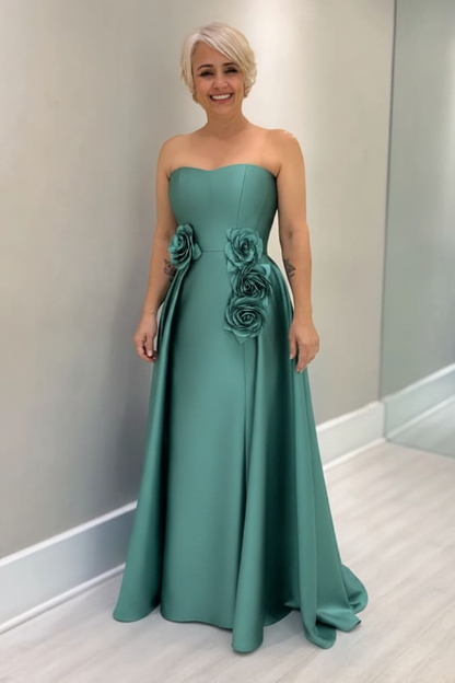 Dusty Blue Satin Mother of the Bride Dress Strapless with Flowers